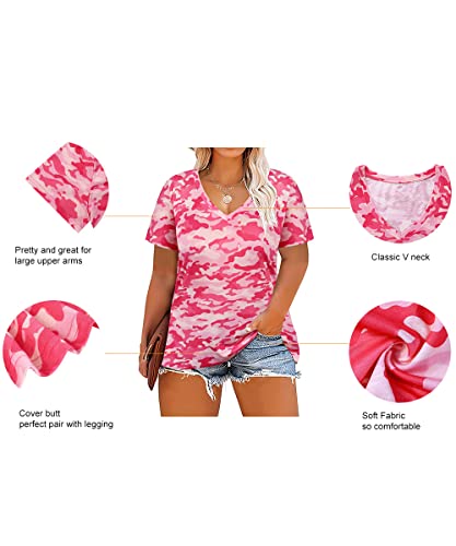 Image of RITERA Women Plus Size Tops Tie Dye V Neck Shirt Floral Camo Summer Short Sleeve Tunic Oversized Ladies Blouse XL-5XL