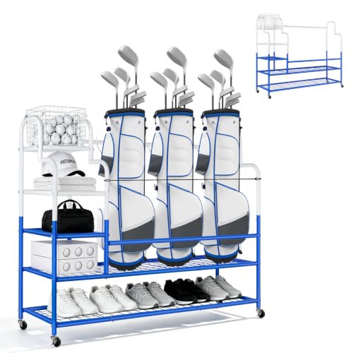 Golf Bag Storage Garage Organizer for 3 Bags, Golf Storage Rack with Wheels
