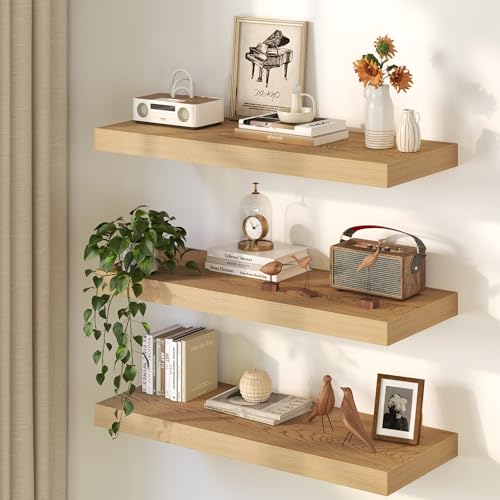 Image of 36Inch Oak Floating Shelves for Wall, 12 Inch Deep Shelves for Bedroom, Kitchen, Bathroom Wall Mounted, Rustic Wood Floating Shelf with Invisible Brackets for Books, Storage, Decor, 2 Packs