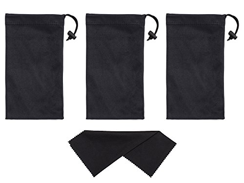 Mamlyn 3 Black Microfiber Sunglasses Pouch With Spring Fastener, Bonus Black Blank Cloth #TOP1