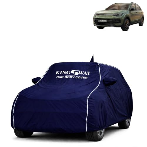Image of KINGSWAY Super Waterproof Car Cover Only with Taigun (Year 2026 Onwards - All Model) | Mirror and Antenna Pockets | All Weather Car Body Cover with Silver Piping | Blue