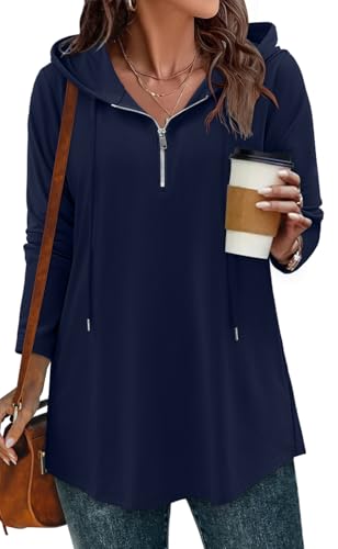 BETTE BOUTIK Womens Quarter Zip Tunic Hoodies Pullover Long Hooded Sweatshirts S-3XL