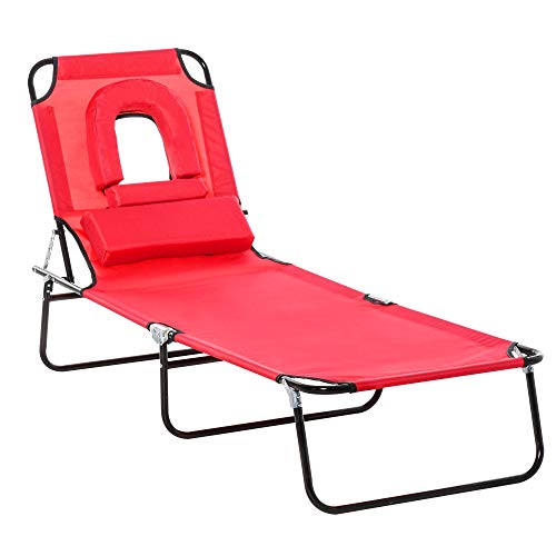 Outsunny Bain de Soleil Pliable transat inclinable 4 Positions Chaise Longue de Lecture 3 Coussins fournis Rouge