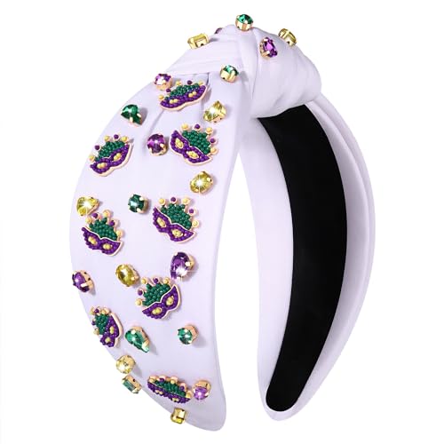 GLBCC Mardi Gras Headband for Women - Masks, Knotted Accessories, Purple Rhinestone Beads, Jeweled Wide Hairband - Carnival Parade Outfit Decorations (Mask Crown Beads White)