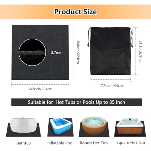 Aboofx 88\" Hot Tub Mat Outdoor with Carrying Bag, Large Square Hot Tub Pad for Inflatable Tub Indoor Outdoor, Hot Tub Rug Accessories for 87\" or below Hot Tubs