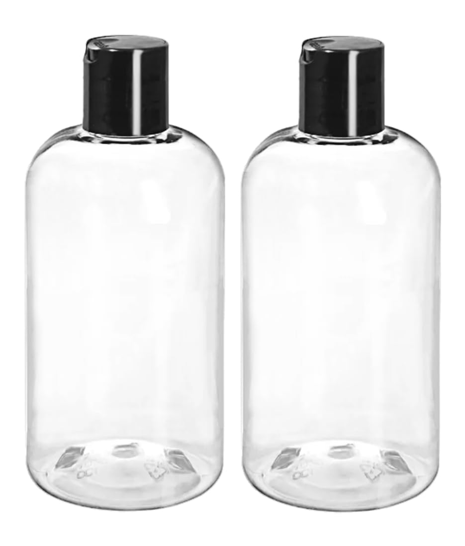 ljdeals 8 oz Clear Plastic Empty Bottles with Black Disc Top Caps, Squeezable Refillable Containers for Shampoo, Lotions, Cream and More, Pack of 2, BPA Free, Made in USA