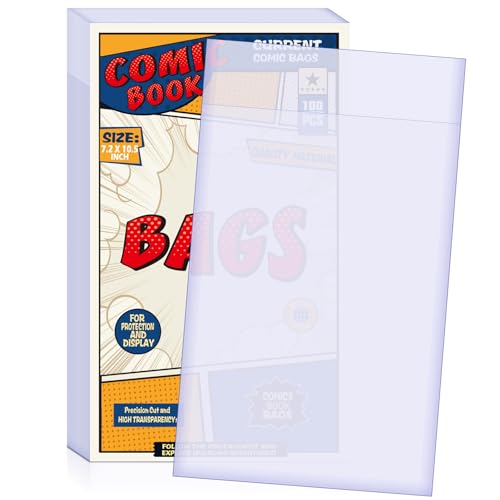 100 Count Comic Book Bags, Current Size Comic Bags 7.2 X 10.5 inch Transparent Acid-Free and Reusable Comic Book Sleeves for Regular Comics