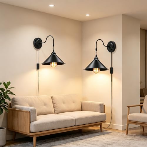 Luz de Pared E27 Retro Industrial Lámpara de Pared Negra con Interruptor Enchufe Sala Pack 2