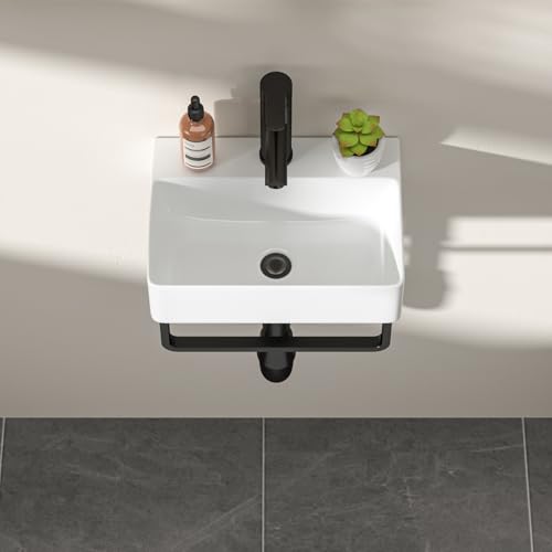 Dcolora 14"x10" Wall Mounted Bathroom Sink, Small Floating Sink Rectangular Ceramic Porcelain Wall Hung Sink with Black Faucet & Towel Rack, 10"D x 14"W x 4"H by Dcolora - Used condition - Image 5