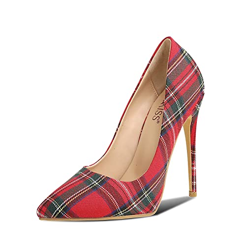 wetkiss Rote karierte Absätze, Schottenkaro, Weihnachten, Stiletto-Absätze, Pumps, spitze Zehenpartie, Schlupfschuhe, sexy High Heels, Schuhe für...