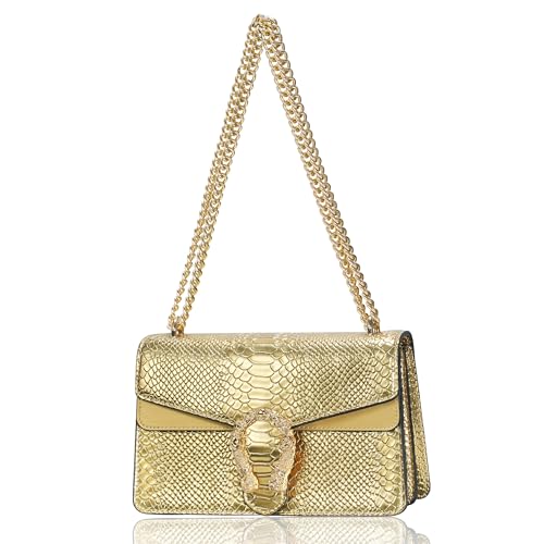 Image of suwluaoyi Women's Crossbody Shoulder Bag Snake Print Satchel Purse Leather Chain Clutch Evening Handbag, Gold, L