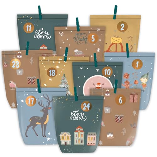 KOHMUI Adventskalender zum Befüllen, 24 DIY Advents Tüten zum Selber Basteln, Geschenk Papiertüten zum selbst füllen, Weihnachtskalender Selbstbefüllen mit Zahlen Aufkleber