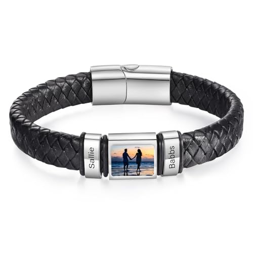 lorajewel Pulsera Personalizada para Hombre Papá Pulsera de Cuero con Nombre Foto Regalo para el Día del Padre, Navidad, Cumpleaños (Plata-2)