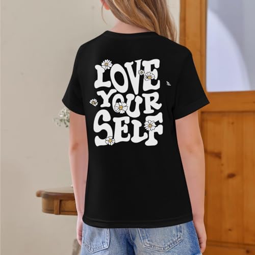 Image of Cute Shirts for Girls Graphic Tees Tweens Tshirts for Kids Girls Short Sleeve Shirt Preppy Summer Tops Clothes(Black,130)