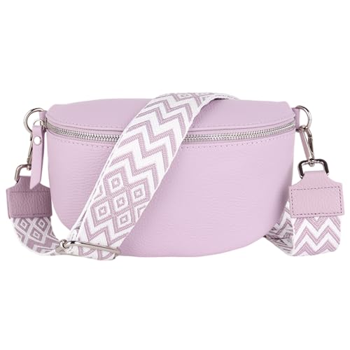 MIRROSI® Bauchtasche Damen, Echtleder, Made in Italy, Umhängetasche, Brusttasche, Crossbody Bag (1 Tasche & 2 Gurte) (Flieder (BOHE Flieder), Kleine Tasche (22x13x6cm))