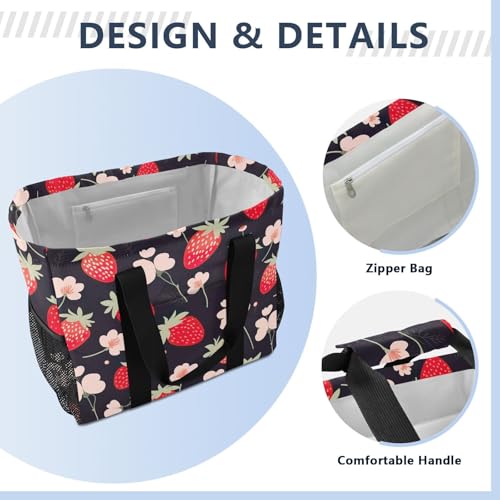Strawberries Pink Flowers Foldable Travel Duffel Bag for Men Women Waterproof Weekender Overnight Carry On Tote Bag with Comfortable Handle Sports Gym Bag for Hospital Airplane Business Trips Sport4