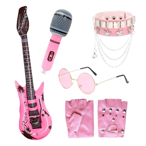 GYIOFAI 5 peças disfarce de rockeiro fantasia de rockeira, acessórios punk acessórios de rock gótico para festas anos 80 com luvas óculos de sol guitarra insuflável Rock microfone pulseira (rosa)