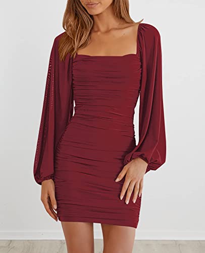 Image of MEROKEETY Women Square Neck Lantern Long Sleeve Mesh Ruched Bodycon Clubwear Mini Dress