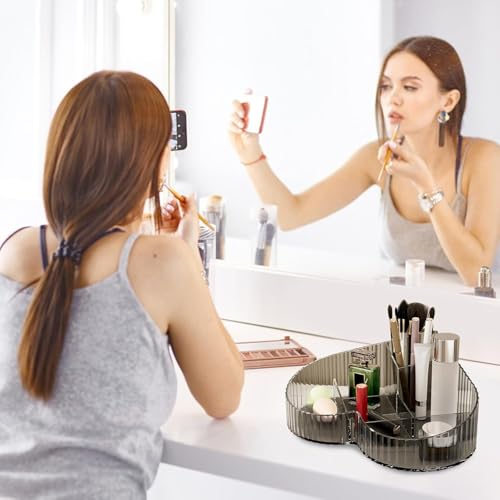 Image of House of Quirk Heart Shape Cosmetic Storage Tray - Makeup Organizer for Lipstick, Perfume & Skincare, Large Capacity Dressing Table Makeup Holder, Vanity Organizer Tray (Grey)
