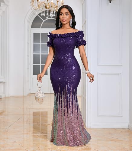 Image of dasmzper Women Sexy Sequin Off Shoulder Ruffle Short Sleeve Bodycon Mermaid Party Formal Evening Maxi Dress