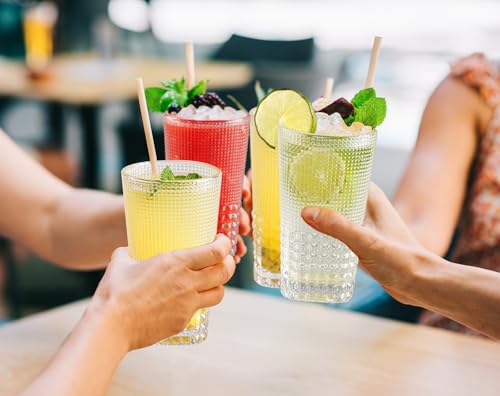 TKNO 4X 424ml Embossed Highball Glasses Tall Hi Ball Glass Water Gin Beer Milk Juice Cocktail Drinking Glassware, Vintage Bubble Beverage Tumblers Set, Ideal for Home, Restaurant, Events & Parties - Image 5