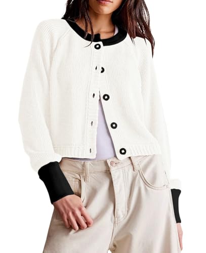 Image of loveimgs Women Knitted Button Down Cropped Cardigan Jacket Sweater Y2k Fall Knit Color Block Sweater Crewneck Crop Short Coat