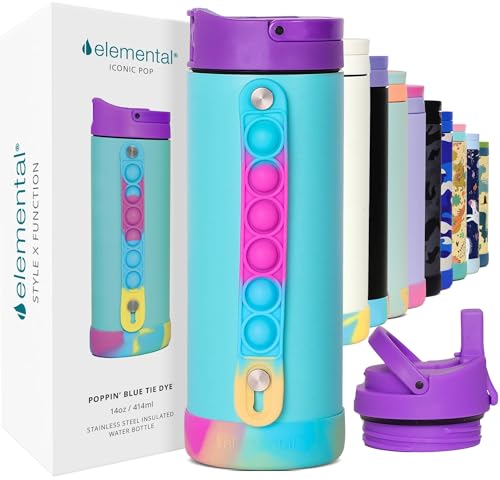 Elemental Iconic - Botella de agua para niños con tapa con popote y asa para aliviar el estrés, a prueba de fugas cuando está cerrada, botella de agua de acero inoxidable con triple aislamiento para