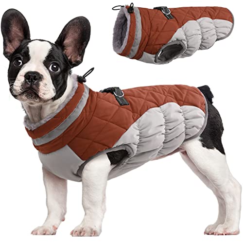 FUAMEY Dog Coat for Small Dogs,Waterproof Dog Winter Jacket with Harness Built in Puppy Cold Weather Coats Reflective Pet Vest with Zipper Warm Fleece Dogs Snowsuit Windproof Brown S S(chest