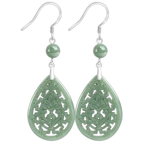 Natural Jade Filigree Earrings Sterling Silver S925 Dangle Drop Teardrop Cross Ellipse Green Blue Jade Earrings Fengshui Jewelry For Women (A-Teardrop)