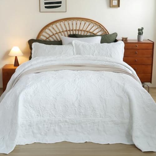 Image of EVENHUG Oversized King Bedspreads California King Quilt Set with Pillow Shams Extra Wide Large King Size Quilts Lightweight Coverlet Bedding Sets White 120 inchx120 inch