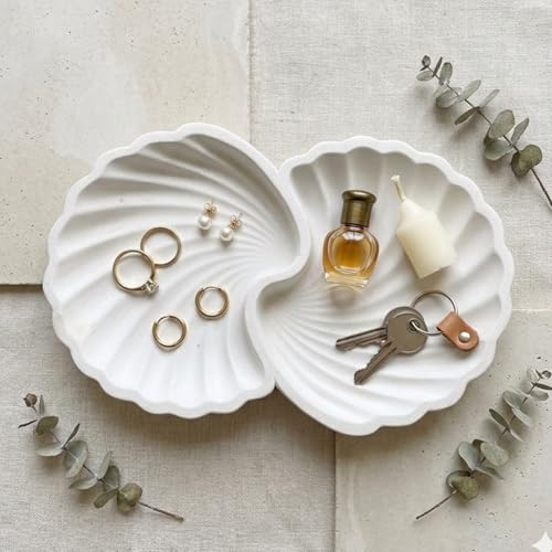 Concrete Shell-Shaped Decorative Jewelry Dish (Heavy-Duty Matte Concrete Trinket Tray & Ring Holder Organizer)