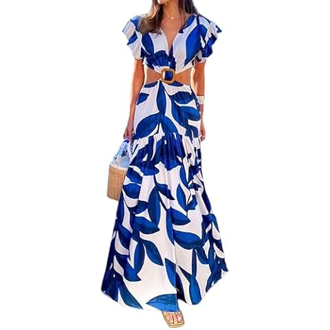 DUDUVIE Women's cutout waist Floral Print Ruffle Short Sleeve V Neck Maxi Dress Tie Open Back Summer Vacation Dresses (Medium,Blue) Cover