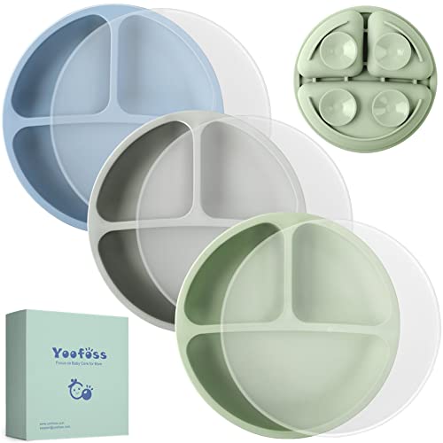 Image of Yoofoss Toddler Plates with Lids - Suction Plates for Baby - 100% Silicone Baby Plates 3 Pack - BPA Free - Microwave and Dishwasher Safe - Divided Design - Blue,Green&Grey