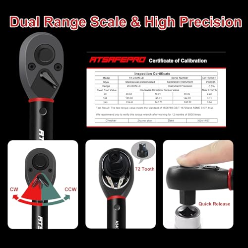 Image of ATsafepro 1 /4 inch Torque Wrench (20-240 in-lb / 2.3-27.1 Nm) -Dual Scale, 72-Tooth Ratchet, ±3% Pre-Calibrated Accuracy, Suitable for Bike & Bicycle Maintenance