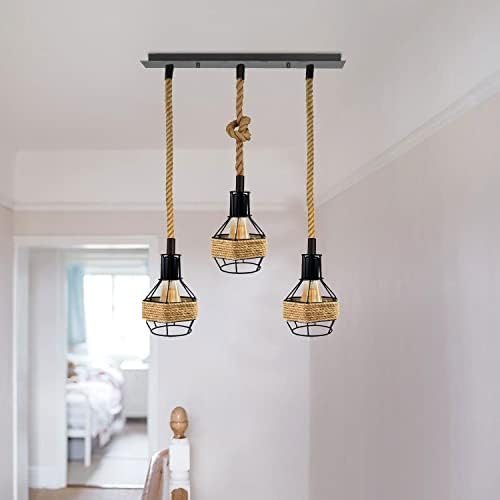 Retro Hemp Rope Island 3 Head Ceiling Light Fitting, 3 Way Cluster E27 Pendant Light with Metal Bird Cage Vintage Industrial Ceiling Lamp for Living Room (Rectangle 3)