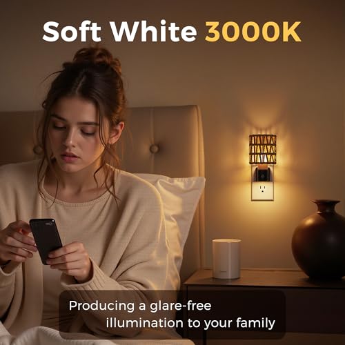 Image of L LOHAS LED Night Lights Plug into Wall, Cylindrical Ironwork Boho Lampshade Decor Night Light, 350 Rotatable Dusk to Dawn Sensor Vintage Nightlight, Dimmable for Bedroom Living Room Hallway
