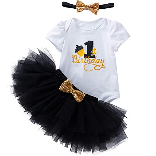 AGQT Bébé 1/2Er/1Er/2Er Anniversaire Fille Robe,Fête Vêtements Anniversaire Enfant Tutu Ensemble Manche Courte 3 Pièces Body Barboteuse + Jupe Tutu + Bandeau Noir 6-12 Mois Cover