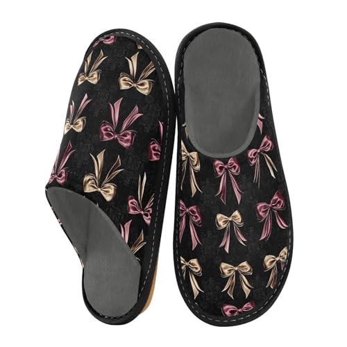 Slippers for Women Gold Pink Bows Black Pattern Soft Winter Warm Shoes Indoor Outdoor Non-Slip House Travel Slippers