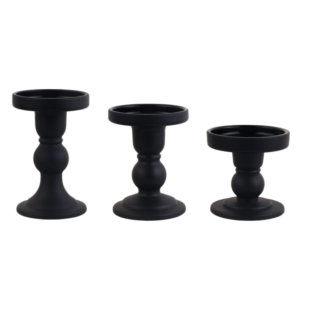 BTGLLAS Glass Candle Holders, 3 Pieces Crystal Clear Candlesticks With Elegant Design for Pillar Taper Candle and Tea light, Home Table Living Room Wedding Party Decorations Home (Black-3pcs)
