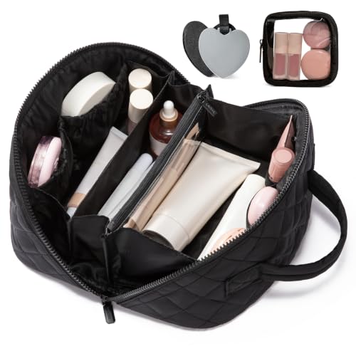 LOVEVOOK Travel Makeup Bag for Women, 2Pcs Puffer Waterproof Cosmetic Organizer, Large Capacity Pouch Open Flat Small Toiletry Bag with Brush Compartment & Handle, Portable Gift for Her