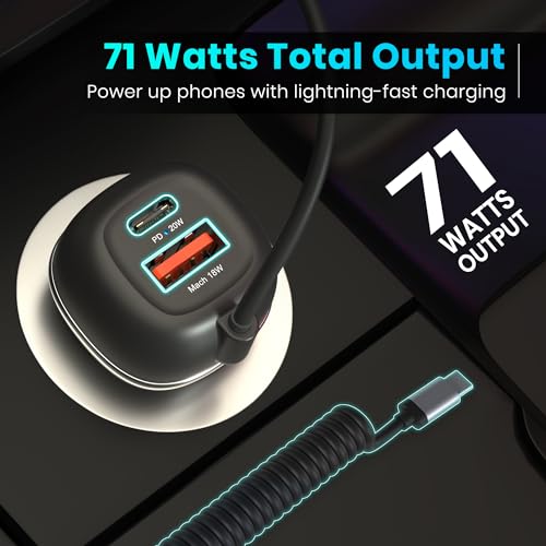 Image of Portronics 71W Car Power 1C Triple Output Fast Car Charger with 33W Type-C Cable, 20W Type-C PD, 18W USB Port, Fast Charging Adapter Compatible with Cars for iPhone & Android Smartphone (Black)