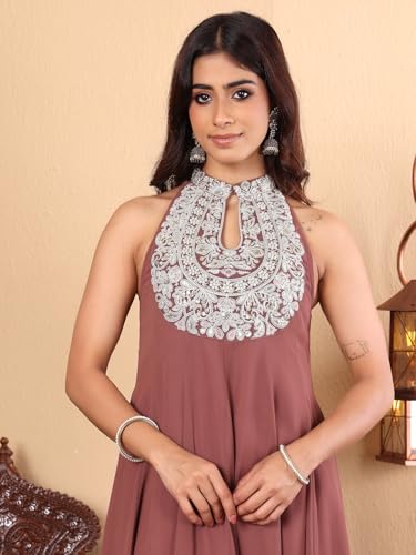 Image of Varanga Women Silk, Georgette Solid Nude Yoke Embroidered Sleeveless Flared Kurta With Trousers Co-Ord Set
