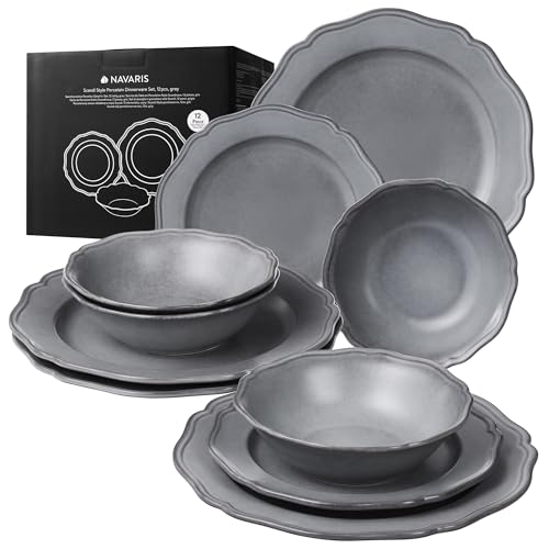Navaris Set Piatti 12 Pezzi - Servizio Piatti Moderni di Porcellana per 4 Persone - Eleganti Decorativi e Resistenti - Adatto a Lavastoviglie e Microonde - Grigio