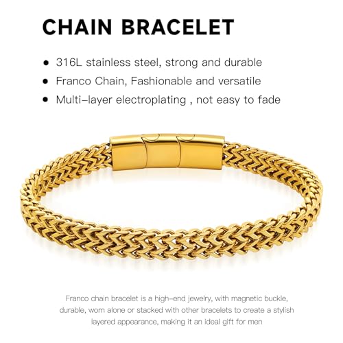 Stainless Steel Franco Chain Bracelets for Men - 6mm/8mm/10mm/12mm Width, 7.5"/8.3" Length, Black & 18K Metal, Durable and Adjustable Cuban Link Bracelet3