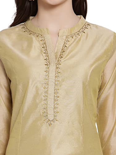 Indian Chanderi Silk Beige Golden Anarkali Kurta for Women | 3/4 Sleeves, Round Neck, Ankle Length | Single Kurta4