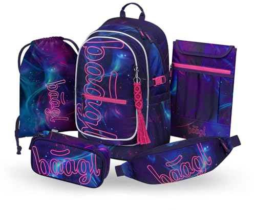 Baagl Schulrucksack Set Mädchen 5 Teilig, Ergonomische Schultasche für Grundschule Volksschule, Ranzen mit Brustgurt, 25 l (Nova)