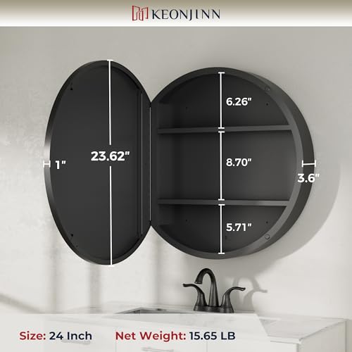 Image of Keonjinn 24 x 24 Inch Round Medicine Cabinet for Bathroom, Shatter-Proof