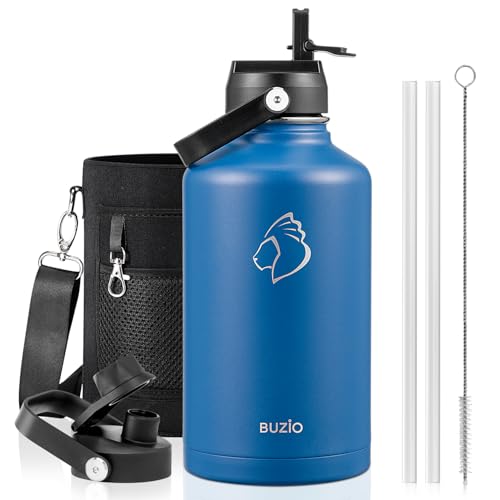 BUZIO Botella de agua de acero inoxidable aislada al vacío (fría durante 48 horas/caliente durante 24 horas), termo deportivo de doble pared de boca ancha de 64 onzas con tapa de popote sin BPA y tapa