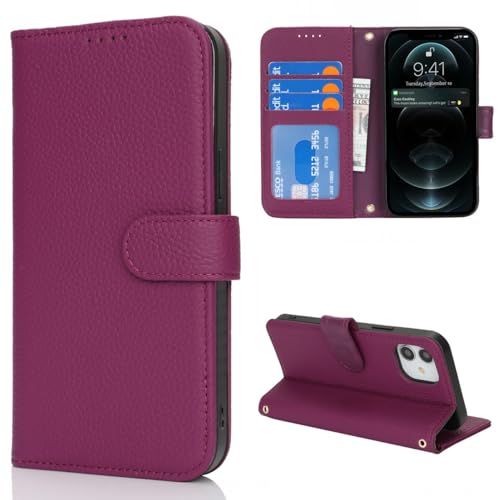 Coque iPhone 12 Mini en cuir véritable, housse portefeuille de luxe à rabat magnétique rose