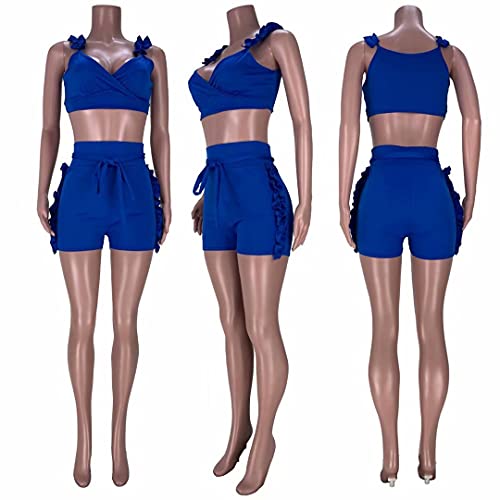 Women 2 Piece Short Set - Sexy Sleeveless Ruffle Wrap Cami Crop Tops Tie Waist Shorts Set Clubwear Rompers Apricot Xl #TOP4